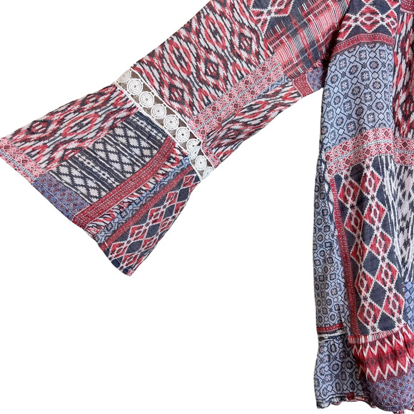 Fred David Womens Tunic Blouse Large Blue Pink Mixed Patchwork Print Bell Cuffs - Picture 3 of 7